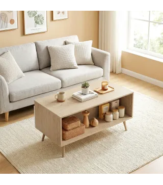 Mesa de Centro con 2 Cajones Mesa baja para Salón con Patas de Madera de Pino 100x50x46cm Roble