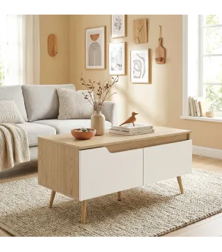 Mesa de Centro con 2 Cajones Mesa baja para Salón con Patas de Madera de Pino 100x50x46cm Roble