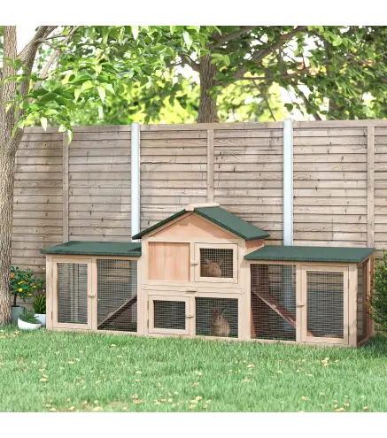 Conejera de Exterior Grande Jaula de Madera para 2-4 Conejos con Techo Asfáltico Recinto de Alambre Bandeja Extraíble y Rampas 2