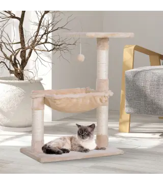 Árbol Rascador para Gatos Centro de Actividad Plataforma Caseta Postes de Sisal Hamaca Bola 50x36x70 cm Beige