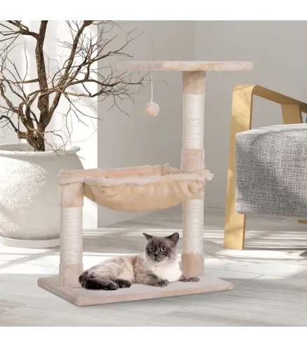 Árbol Rascador para Gatos Centro de Actividad Plataforma Caseta Postes de Sisal Hamaca Bola 50x36x70 cm Beige