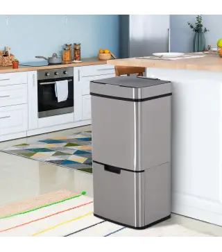Papelera de Cocina 72L con Sensor Detector de Movimiento Apertura Automático y 3 Compartimentos 42x30x81 cm Gris