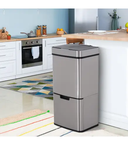 Papelera de Cocina 72L con Sensor Detector de Movimiento Apertura Automático y 3 Compartimentos 42x30x81 cm Gris