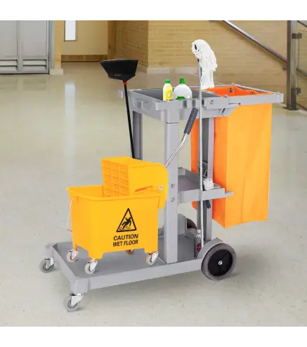 Carro de Limpieza con Bolsa 100L Profesional y Multifuncional para Colectividades Hotel Hostal con 3 Bandejas y 1 Plataforma 121