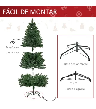 Árbol de Navidad Artificial 180 cm Ignífugo con 724 Ramas con 2 Tipos de Puntas de PVC Base Plegable y Soporte de Acero