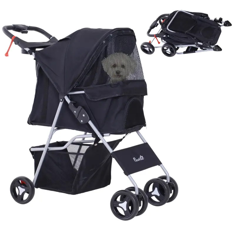 Carrito para Perros con Toldo Ajustable Cesta de Almacenaje y Ruedas con Freno Tela Oxford 77x45x99,5 cm Negro