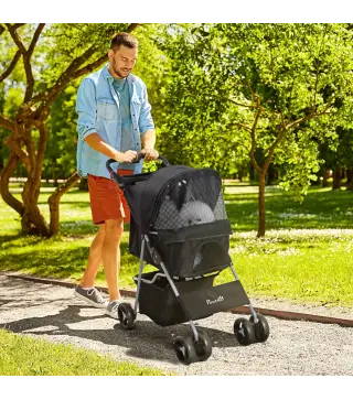 Carrito para Perros con Toldo Ajustable Cesta de Almacenaje y Ruedas con Freno Tela Oxford 77x45x99,5 cm Negro