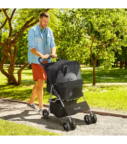 Carrito para Perros con Toldo Ajustable Cesta de Almacenaje y Ruedas con Freno Tela Oxford 77x45x99,5 cm Negro