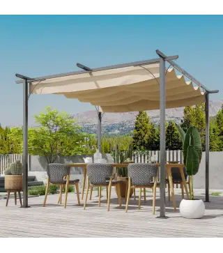 Pérgola de Jardín 3x3m Gazebo Cenador para Exterior con Techo Retráctil Tela Poliéster Impermeable y Anti-UV para Patio Terraza