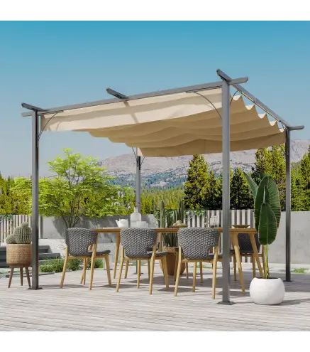Pérgola de Jardín 3x3m Gazebo Cenador para Exterior con Techo Retráctil Tela Poliéster Impermeable y Anti-UV para Patio Terraza