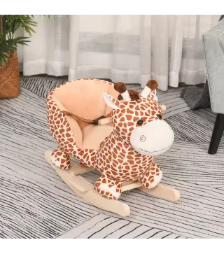 Caballito Balancin Infantil en Forma de Jirafa de Felpa para Bebes 18-36 Meses con Sonido y Cinturon 60x33x45 cm Marron
