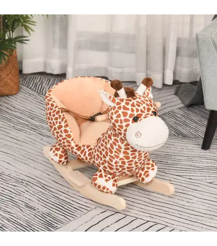 Caballito Balancín Infantil en Forma de Jirafa de Felpa para Bebés 18-36 Meses con Sonido y Cinturón 60x33x45 cm Marrón
