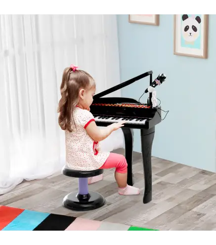 Piano Infantil 37 Teclas Teclado Electrónico Juego de Piano con Micrófono Taburete Luces y 22 Canciones USB/MP3 Karaoke Modo de