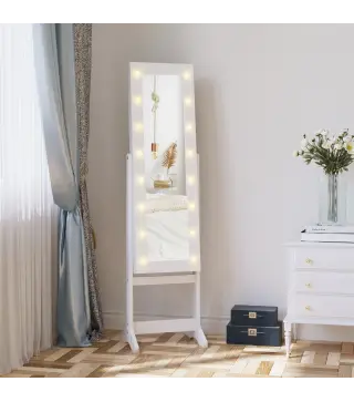 Espejo Joyero de Pie con 16 Luces LED y Ángulo Ajustable Organizador de Joyas con Estantes 36x30x136 cm Blanco Cálido