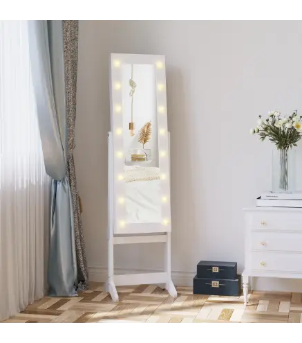 Espejo Joyero de Pie con 16 Luces LED y Ángulo Ajustable Organizador de Joyas con Estantes 36x30x136 cm Blanco Cálido