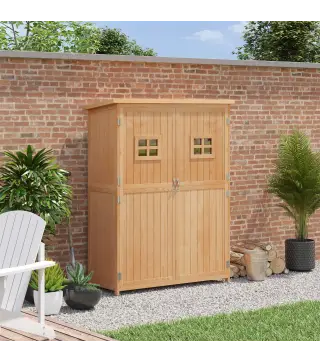 Armario de Madera para Exterior para Herramientas de Jardinería con Doble Puerta y Estantes 127,5x50x164 cm Natural
