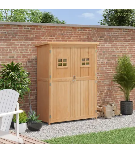 Armario de Madera para Exterior para Herramientas de Jardinería con Doble Puerta y Estantes 127,5x50x164 cm Natural