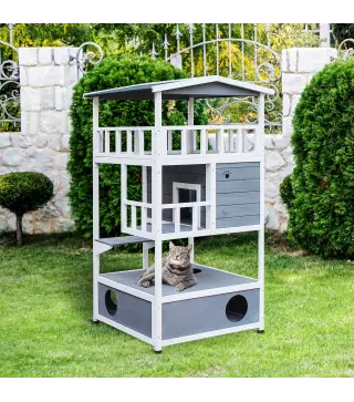 Caseta para Gatos de Madera 75,5x75x137 cm con Techo Asfáltico Plataformas para Interior y Exterior Gris