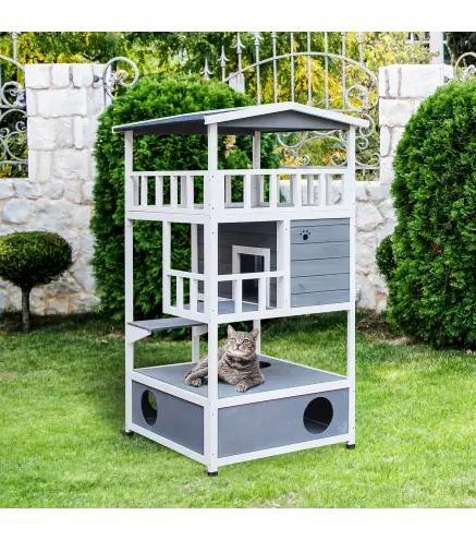 Caseta para Gatos de Madera 75,5x75x137 cm con Techo Asfáltico Plataformas para Interior y Exterior Gris