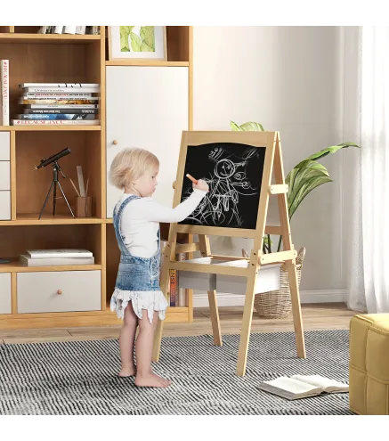 Caballete para Niños 3 en 1 Pizarra Caballete de Doble Cara Pizarra Blanca Caballete para Dibujo 58x50,5x109 cm Natural
