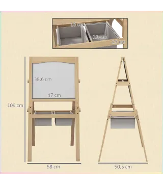Caballete para Niños 3 en 1 Pizarra Caballete de Doble Cara Pizarra Blanca Caballete para Dibujo 58x50,5x109 cm Natural