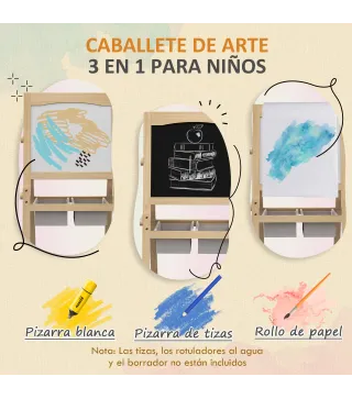 Caballete para Niños 3 en 1 Pizarra Caballete de Doble Cara Pizarra Blanca Caballete para Dibujo 58x50,5x109 cm Natural