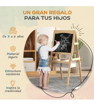 Caballete para Niños 3 en 1 Pizarra Caballete de Doble Cara Pizarra Blanca Caballete para Dibujo 58x50,5x109 cm Natural
