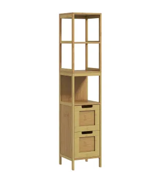 Armario Alto para Baño con 3 Estantes y 2 Cajones de Bambú Estilo Moderno 30x30x144,3 cm Natural
