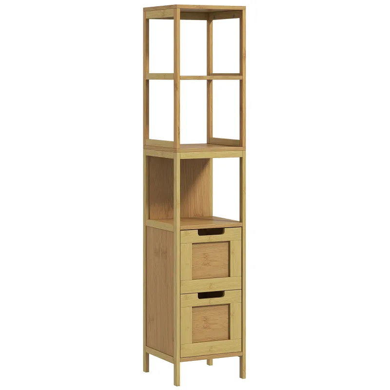 Armario Alto para Baño con 3 Estantes y 2 Cajones de Bambú Estilo Moderno 30x30x144,3 cm Natural