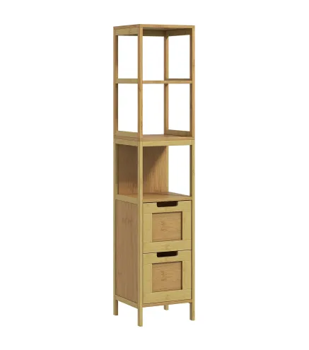 Armario Alto para Baño con 3 Estantes y 2 Cajones de Bambú Estilo Moderno 30x30x144,3 cm Natural