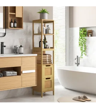 Armario Alto para Baño con 3 Estantes y 2 Cajones de Bambú Estilo Moderno 30x30x144,3 cm Natural