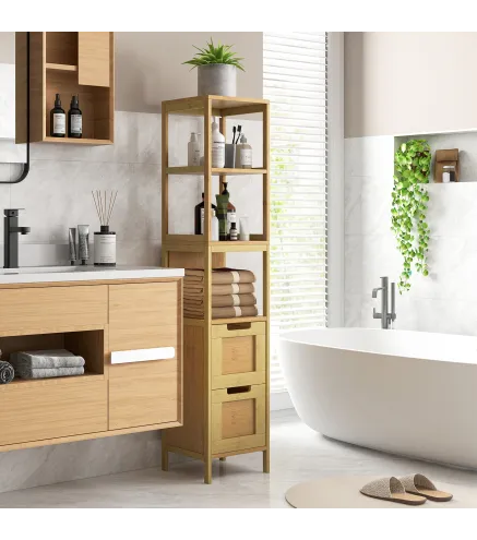 Armario Alto para Baño con 3 Estantes y 2 Cajones de Bambú Estilo Moderno 30x30x144,3 cm Natural