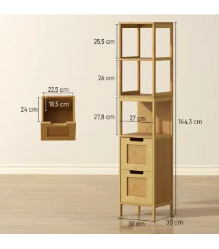 Armario Alto para Baño con 3 Estantes y 2 Cajones de Bambú Estilo Moderno 30x30x144,3 cm Natural
