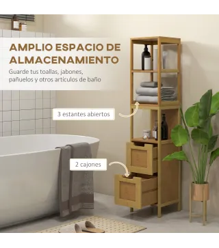 Armario Alto para Baño con 3 Estantes y 2 Cajones de Bambú Estilo Moderno 30x30x144,3 cm Natural