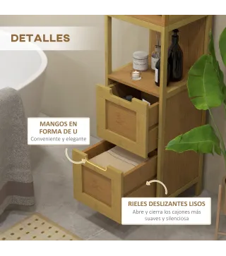 Armario Alto para Baño con 3 Estantes y 2 Cajones de Bambú Estilo Moderno 30x30x144,3 cm Natural