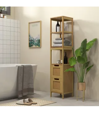 Armario Alto para Baño con 3 Estantes y 2 Cajones de Bambú Estilo Moderno 30x30x144,3 cm Natural