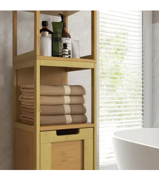Armario Alto para Baño con 3 Estantes y 2 Cajones de Bambú Estilo Moderno 30x30x144,3 cm Natural
