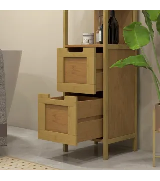 Armario Alto para Baño con 3 Estantes y 2 Cajones de Bambú Estilo Moderno 30x30x144,3 cm Natural