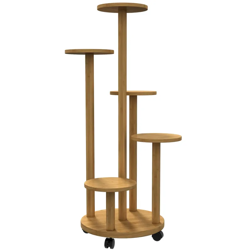 Soporte para Plantas de Bambú con Ruedas de 5 Niveles Estantería Redonda para Plantas para Esquina 33x33x90 cm Natural