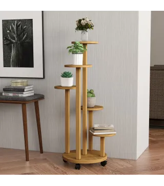 Soporte para Plantas de Bambú con Ruedas de 5 Niveles Estantería Redonda para Plantas para Esquina 33x33x90 cm Natural
