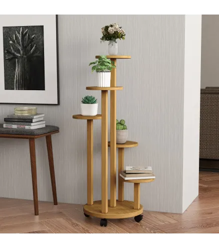 Soporte para Plantas de Bambú con Ruedas de 5 Niveles Estantería Redonda para Plantas para Esquina 33x33x90 cm Natural