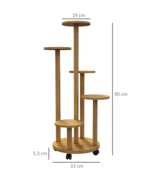 Soporte para Plantas de Bambú con Ruedas de 5 Niveles Estantería Redonda para Plantas para Esquina 33x33x90 cm Natural