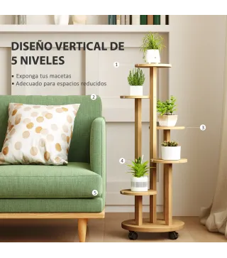 Soporte para Plantas de Bambú con Ruedas de 5 Niveles Estantería Redonda para Plantas para Esquina 33x33x90 cm Natural