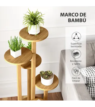 Soporte para Plantas de Bambú con Ruedas de 5 Niveles Estantería Redonda para Plantas para Esquina 33x33x90 cm Natural