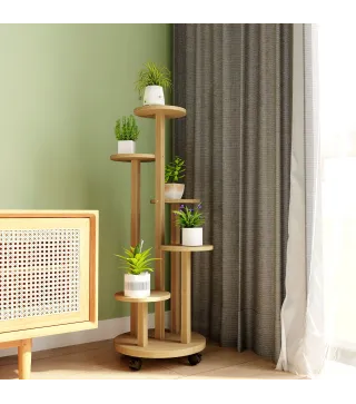 Soporte para Plantas de Bambú con Ruedas de 5 Niveles Estantería Redonda para Plantas para Esquina 33x33x90 cm Natural