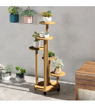Soporte para Plantas de Bambú con Ruedas de 5 Niveles Estantería Redonda para Plantas para Esquina 33x33x90 cm Natural
