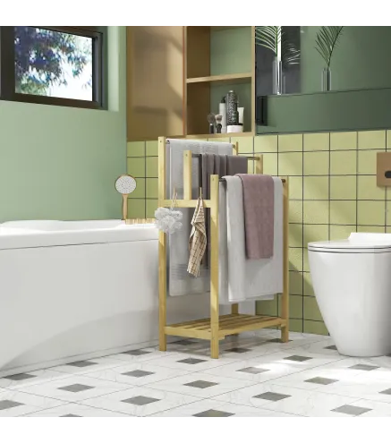 Toallero de Pie de Bambú con 3 Barras de Acero Inoxidable Estante Abierto 50,5x31x90 cm Natural