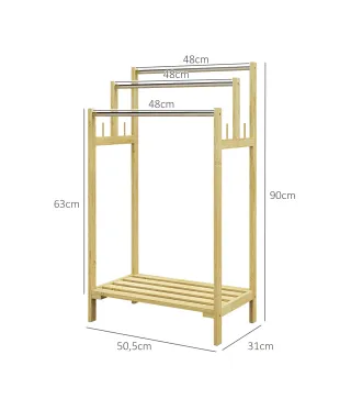 Toallero de Pie de Bambú con 3 Barras de Acero Inoxidable Estante Abierto 50,5x31x90 cm Natural