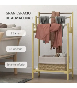 Toallero de Pie de Bambú con 3 Barras de Acero Inoxidable Estante Abierto 50,5x31x90 cm Natural