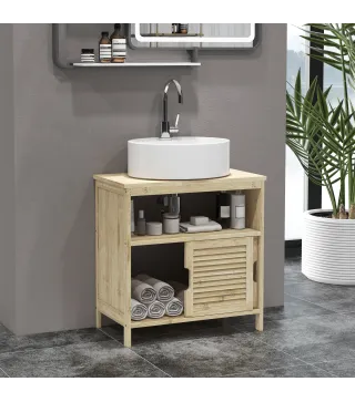Armario Debajo de Lavabo con Puertas Correderas de Lamas Compartimento Abierto Estilo Moderno 60x30x60 cm Natural